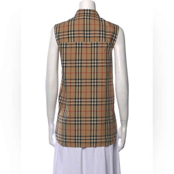 BURBERRY CHECK PLAID SLEEVELESS COTTON POPLIN SHIRT - Picture 4 of 11